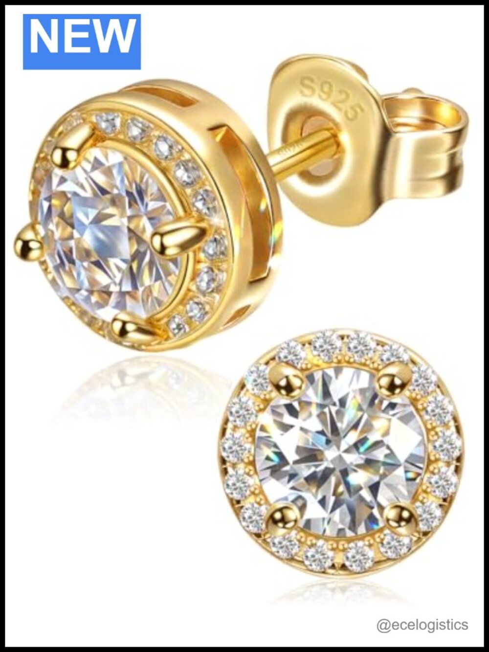 Moissanite Halo Stud Earrings Solid 925 Silver 14K Gold Plated Push Back